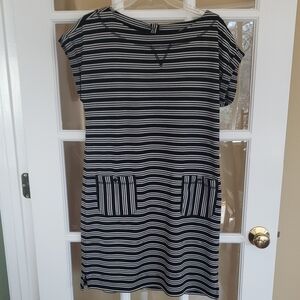 Talbots Black and White Striped Midi Dress Size: MP